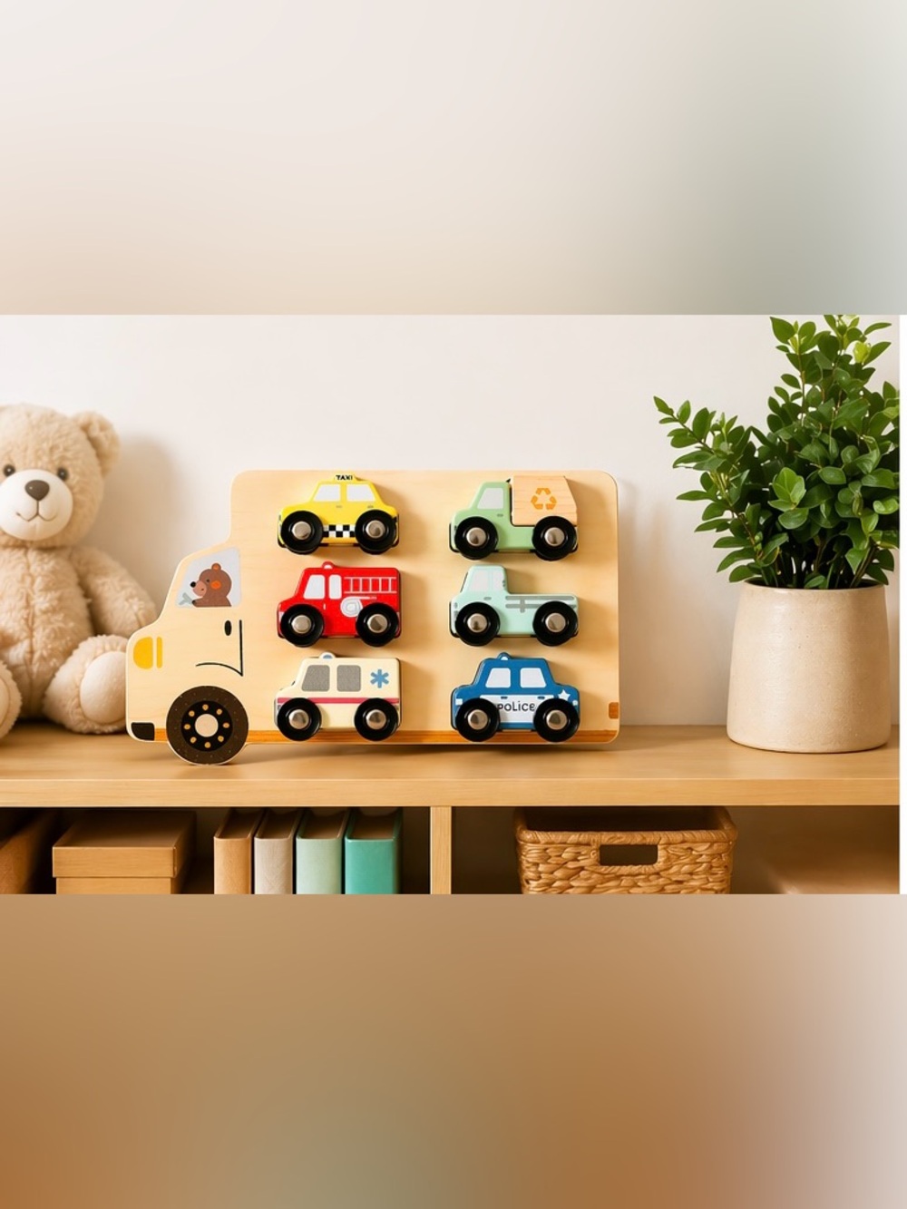 Wooden Vehicle Magnet Set - Yellow, Red, Green, Blue, Cream